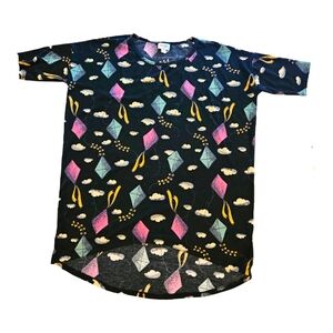 LuLaRoe Black Irma Hi-Lo Tunic with Multicolored Kite Pattern Size Small
